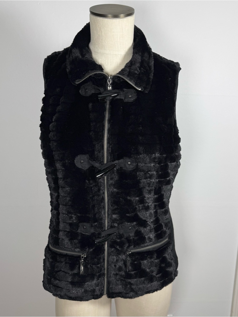 Montana Co. Faux Fur Black Full Zip Toggle Front Cozy Stretchy Vest Sz S